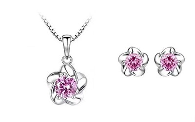 [N/N] Zirconia cherry blossom necklace and earrings set 925 silver