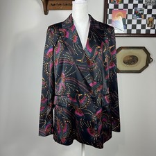 Black Satin Bird Patterned Blazer Gold Button Shoulder Pads Front Pockets SZ M