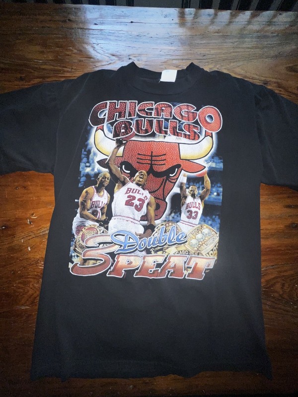 Vintage Chicago Bulls Rap Tee Double 3Peat Jordan Rodman Pippen NBA 90s LARGE
