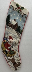 VTG Wool Christmas Stocking Santa Claus Sleigh Reindeer Needlepoint 22"