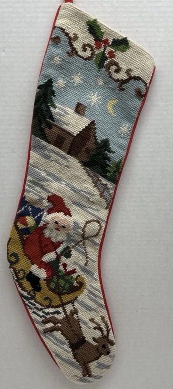 VTG Wool Christmas Stocking Santa Claus Sleigh Reindeer Needlepoint 22"
