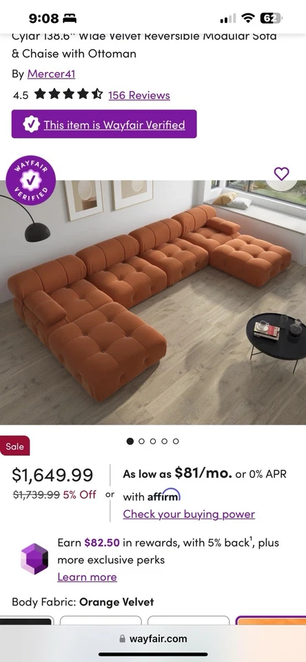 Sofá y chaise modular reversible de terciopelo con otomana Foto 3 de 3