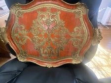 Vintage Italian Florentine Wood Tray in Orange & Gold - MADE IN ITALY~New