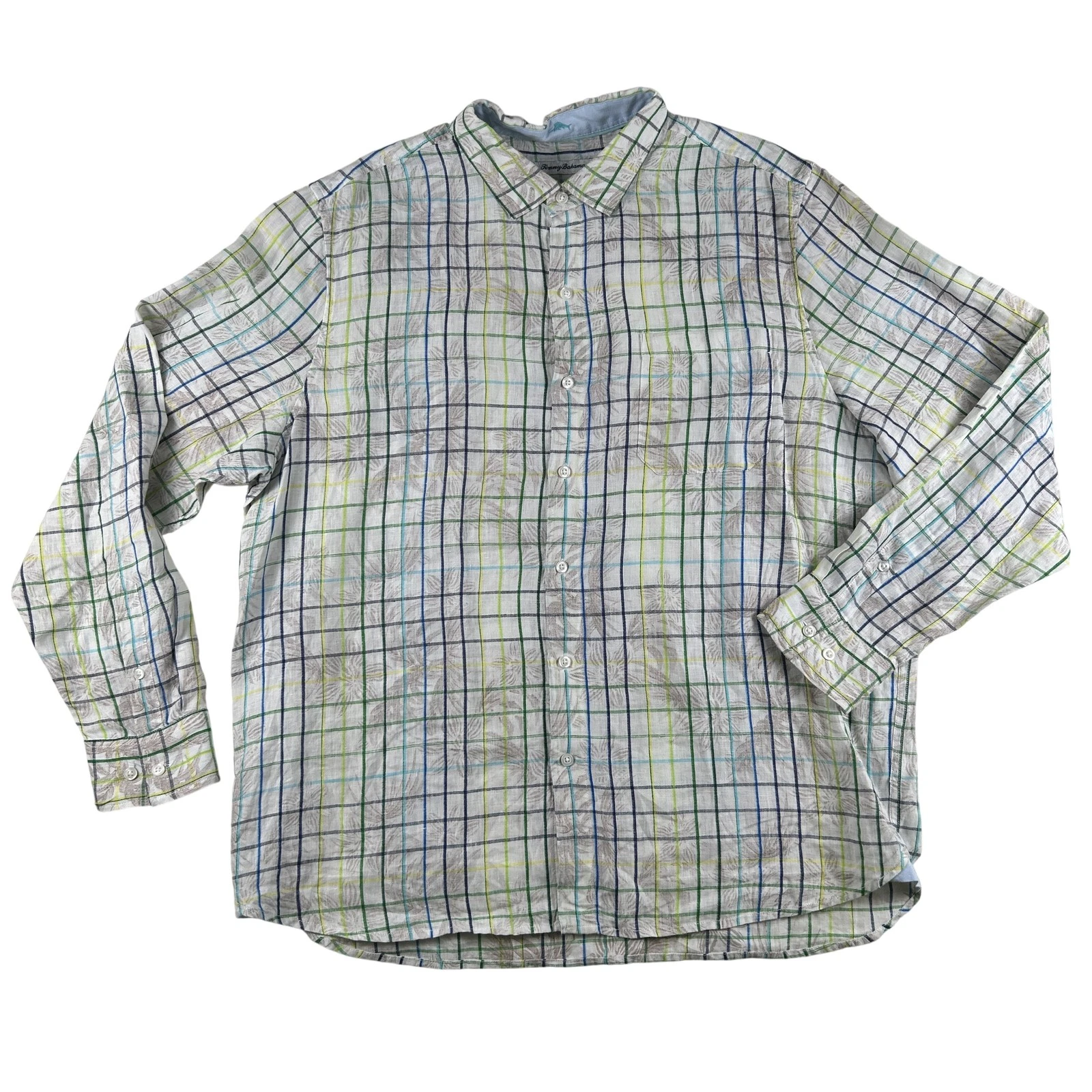 Tommy Bahama Shirt Mens XL White Plaid Linen Long Sleeve Button Front Tropical