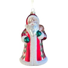 RAZ Santa Glass Ornament Holly Leaf 7 Inch Red Green Gold with Sack