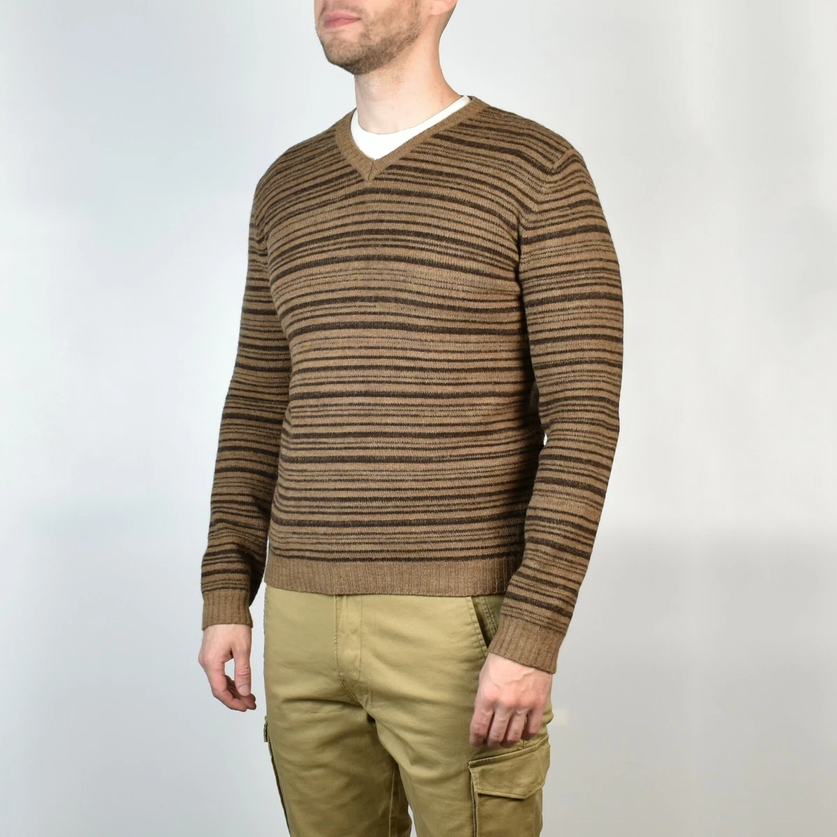 HUGO BOSS Men s Wool Blend Made Italy Striped Pullover Sweater V Neck Size M L