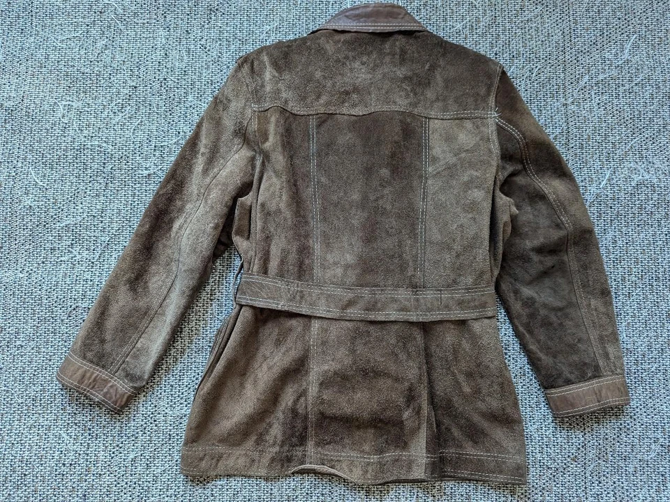 vintage SEARS split-suede COWHIDE leather coat 42 brown BELTED western rancher M - Image 2 of 4