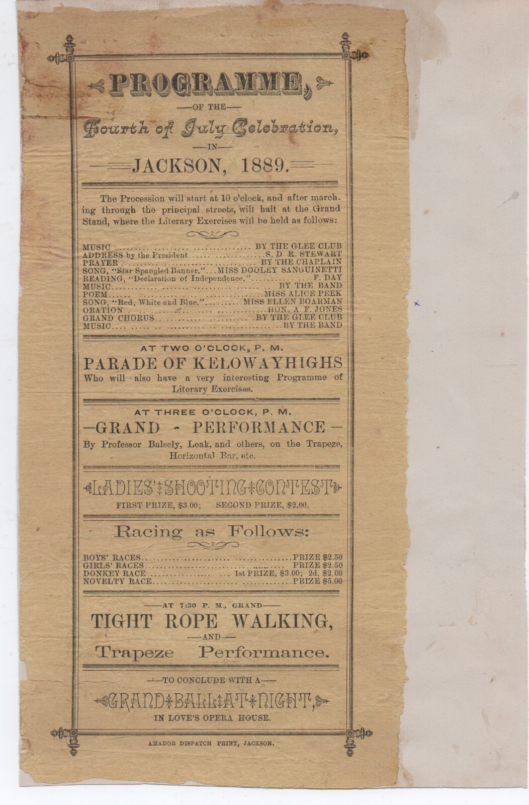 Two 1880s Programs 4th of July Celebration & Concert  Jackson Amador County CA