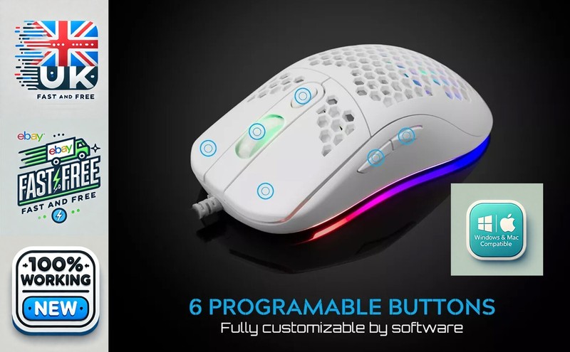 GALAHAD White Shark Gaming Mouse 6400DPI 6 Buttons customisable Windows MAC 72g