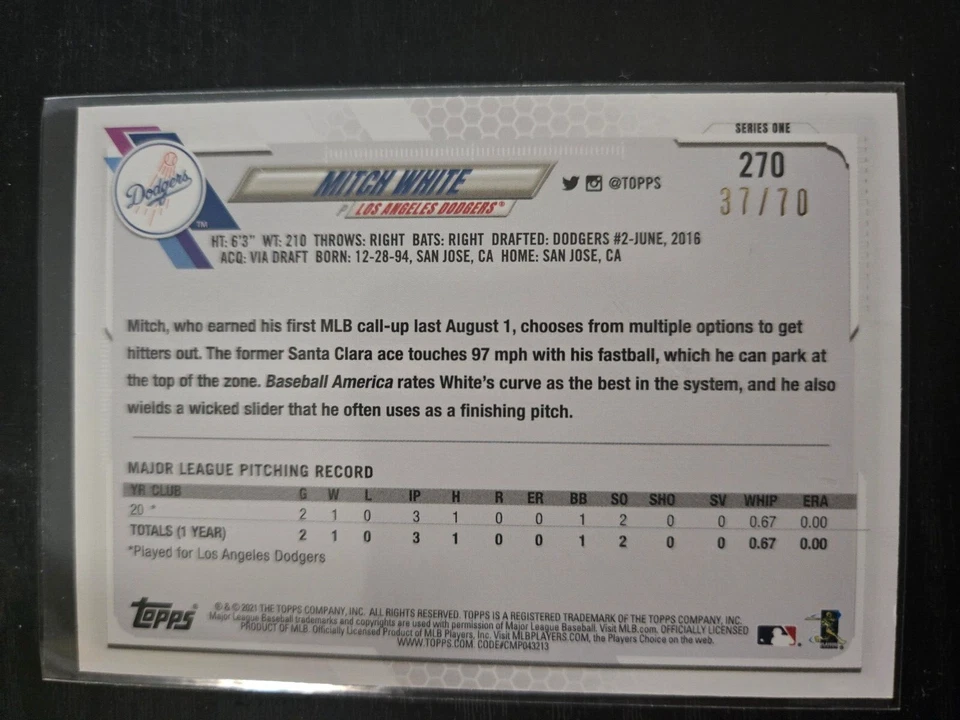 2021 Topps Baseball MITCH WHITE RC - PLATINUM ANNIVERSARY /70 - #270 Dodgers - Image 2 of 2