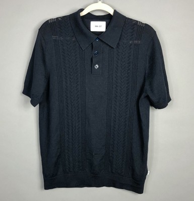 NN. 07 Thor Short Sleeve Knit Polo Mens SZ L Navy Blue Solid Wool Acrylic 6539