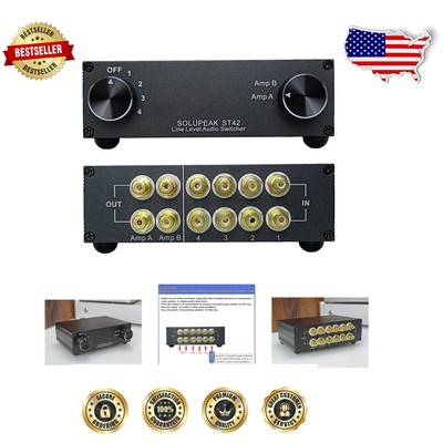 Premium 4-Way RCA Audio Switcher Box - 2 Output Selector for Home Systems