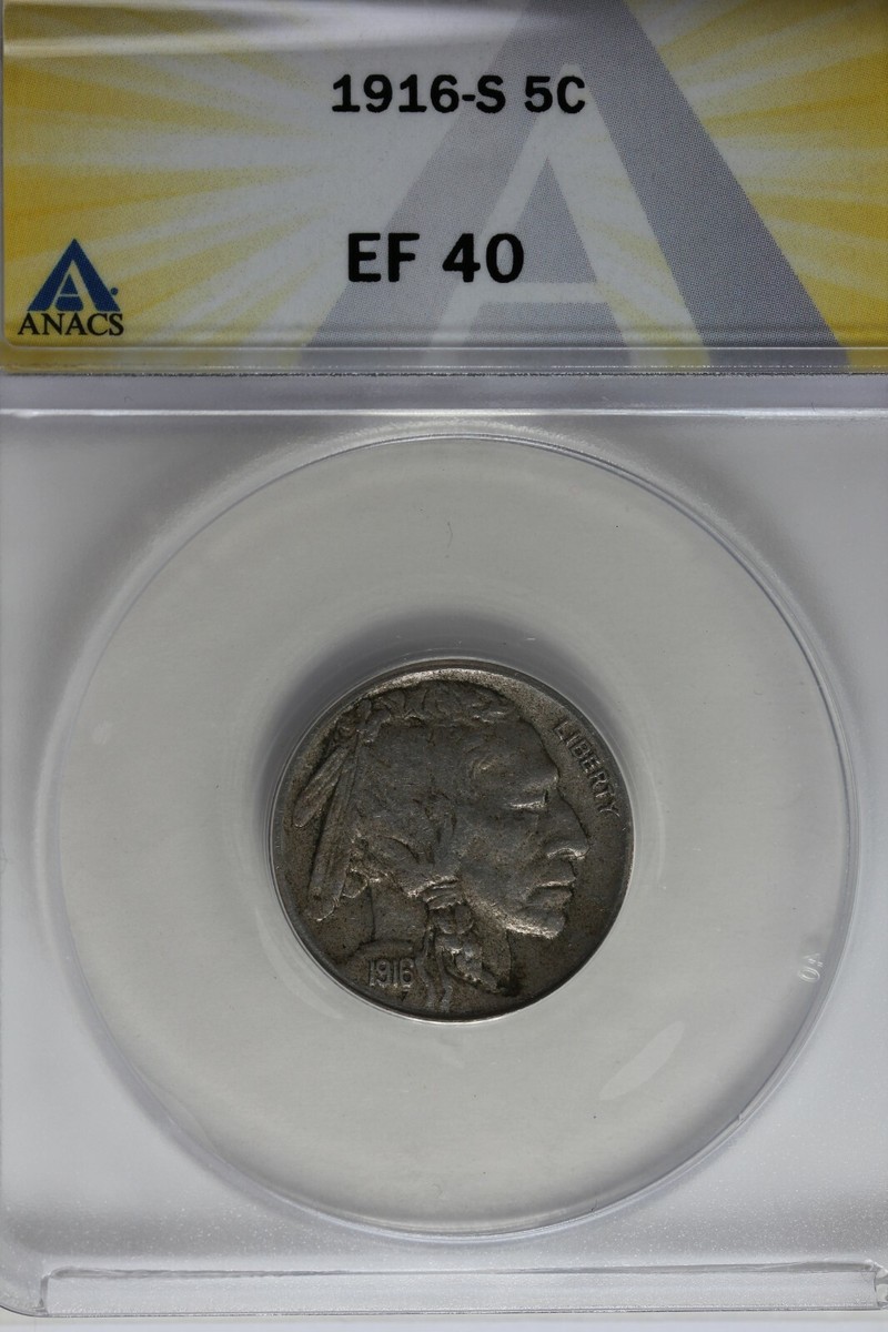 1916-S .05 ANACS EF 40 Buffalo Nickel, Indian Nickel, 5 Cent Piece