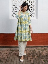 Bollywood Floral Cotton Kurti Tunic Top A-Line Pleated Women Girls Gift Wear