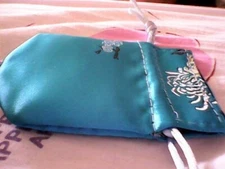 Beautiful Bright Blue Satin Silk Drawstring Pouch Bag w/ Embroidery