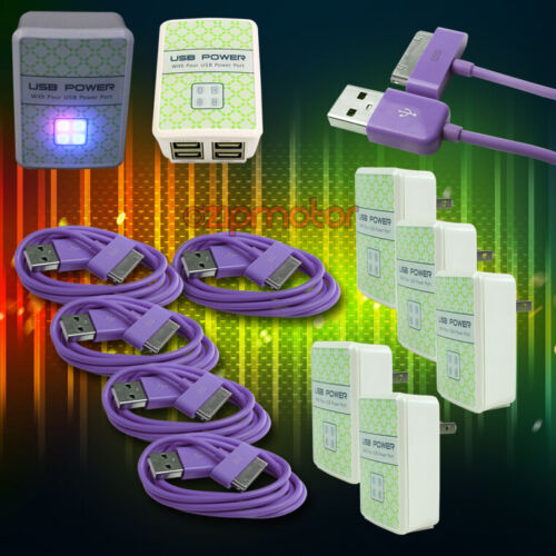 5X 4 USB PORT WALL ADAPTER+3FT CORD POWER CHARGER PURPLE FOR IPHONE 4S IPOD IPAD - Afbeelding 1 van 1