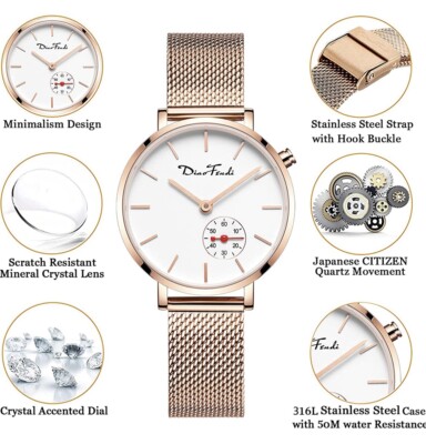Diaofendi Petite Women Watch Rose Gold Mesh Bracelet Thin  display picture 2