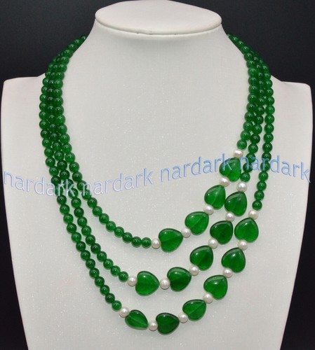 3 Rows 6mm Round 15mm Heart Green Jade Gemstone White Pearl Necklace 17-19'' - Picture 1 of 4