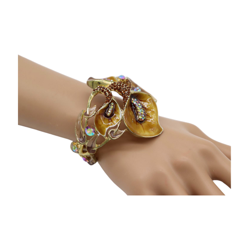 New Women Gold Metal Lily Brown Flower Wrist Cuff Bracelet Bling Fashion Jewelry - Picture 6 of 24