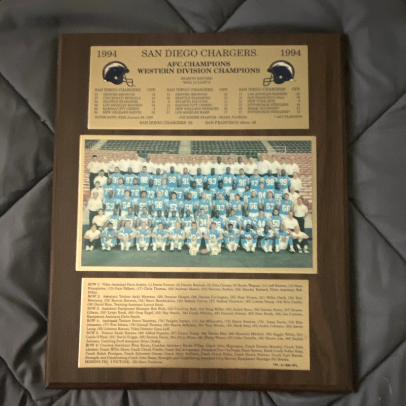 1994 San Diego Chargers AFC & Western Division Champions Vintage Plaque