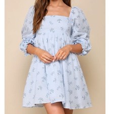 Lulus Always Charming Light Blue Floral Swiss Dot Babydoll Mini Dress Large
