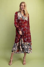 Burgandy Gigio  by Umgee  Mixed Print Tiered V-Neck Midi Dress w/Ruffled Neck
