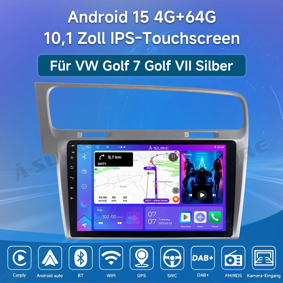 4+64G Android 15 Autoradio CarPlay WiFi GPS Navi für VW Golf 7 VII MK7 2012-2017 - Bild 2 von 4