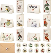 Twelve Days of Christmas Cards Set with Envelopes and Stickers Vintage Folded Gr