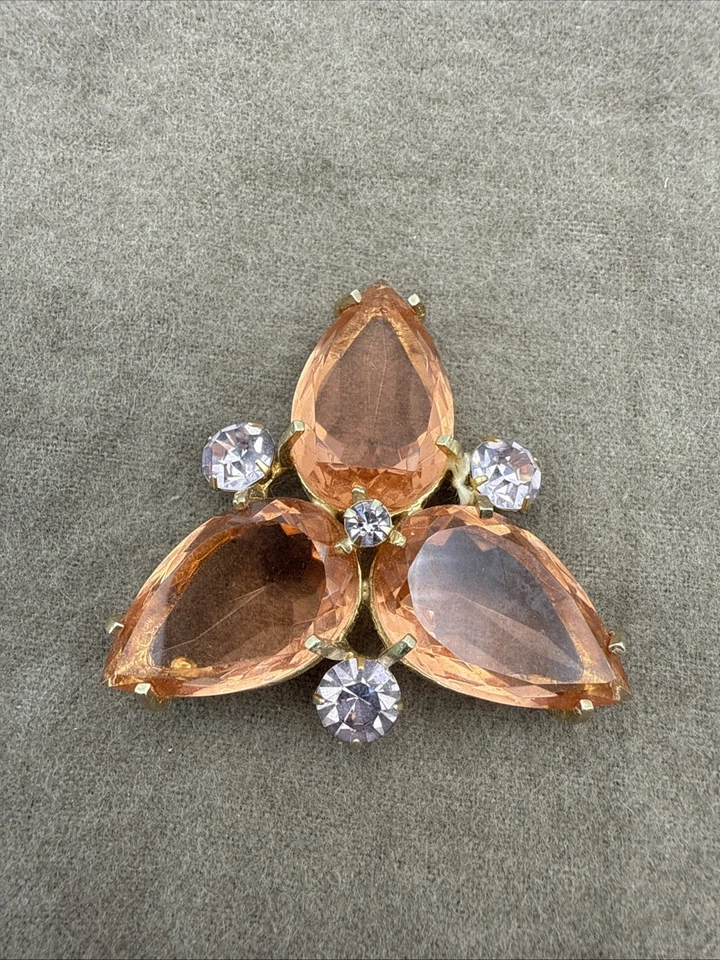 Broche vintage marcado VOGUE joia grande strass rosa e laranja LEIA