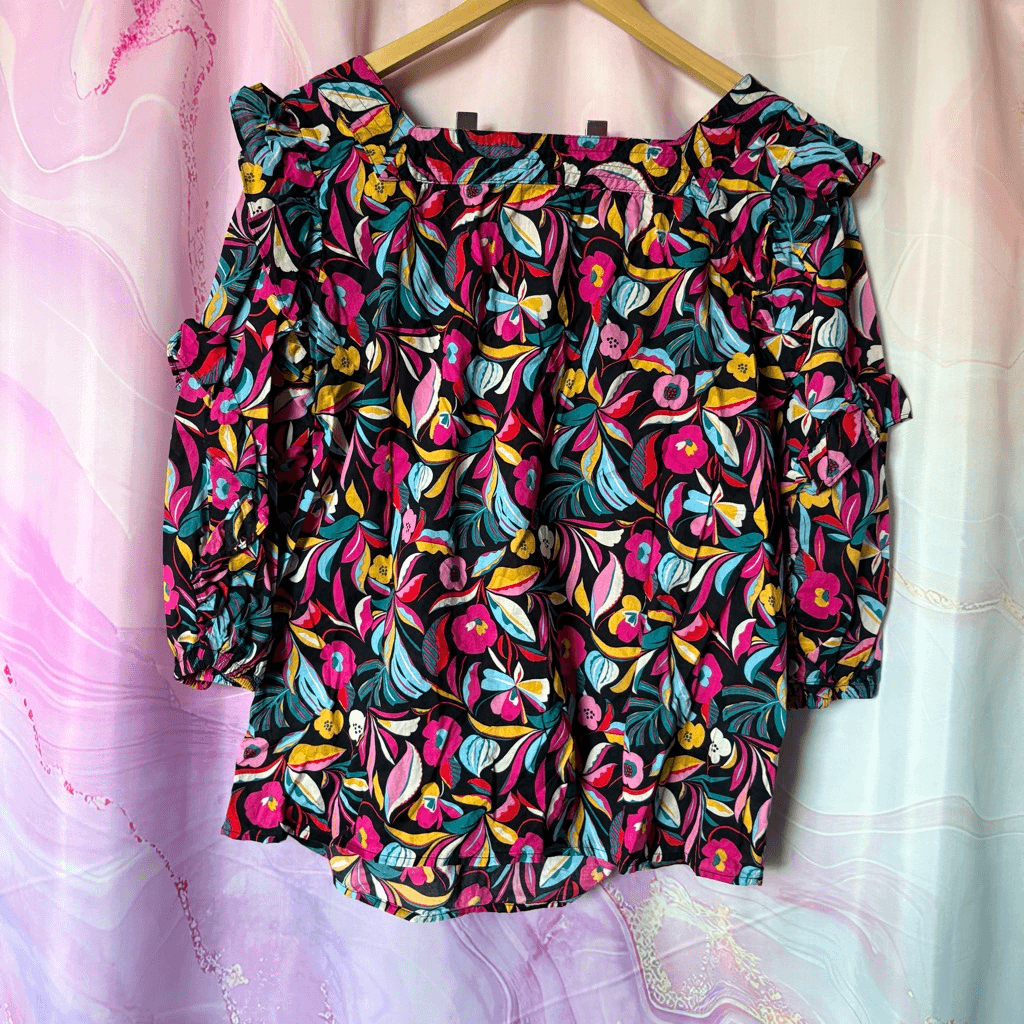 Black Pink Abstract Floral Ruffled 3/4 Sleeve Blouse Square Neck Artsy ...