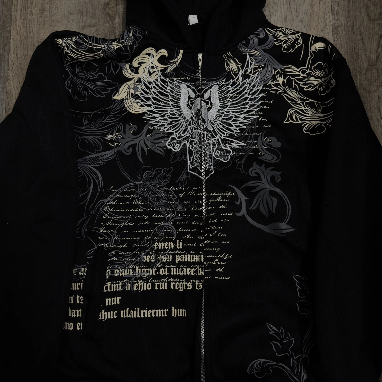 Gothic Embroidered Hoodie Y2K Rhinestone Target Pattern Oversize Streetwear Zip