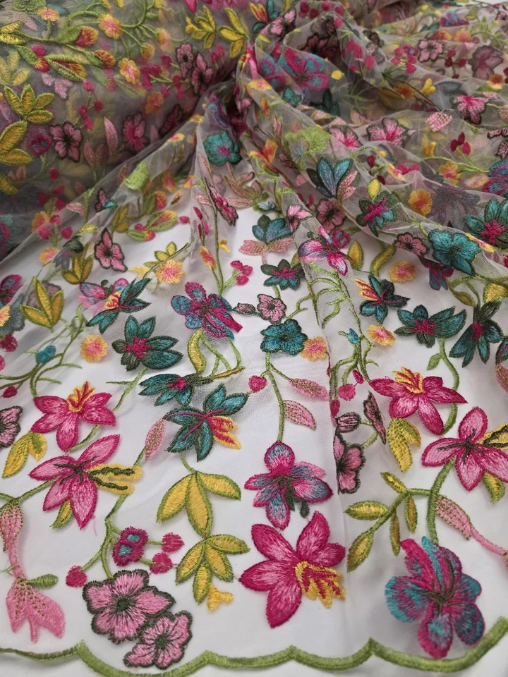 Fabric By The Yard Multicolor Lace Pink Fuchsia Embroidery Flowers On White Mesh - Image 4 of 4
