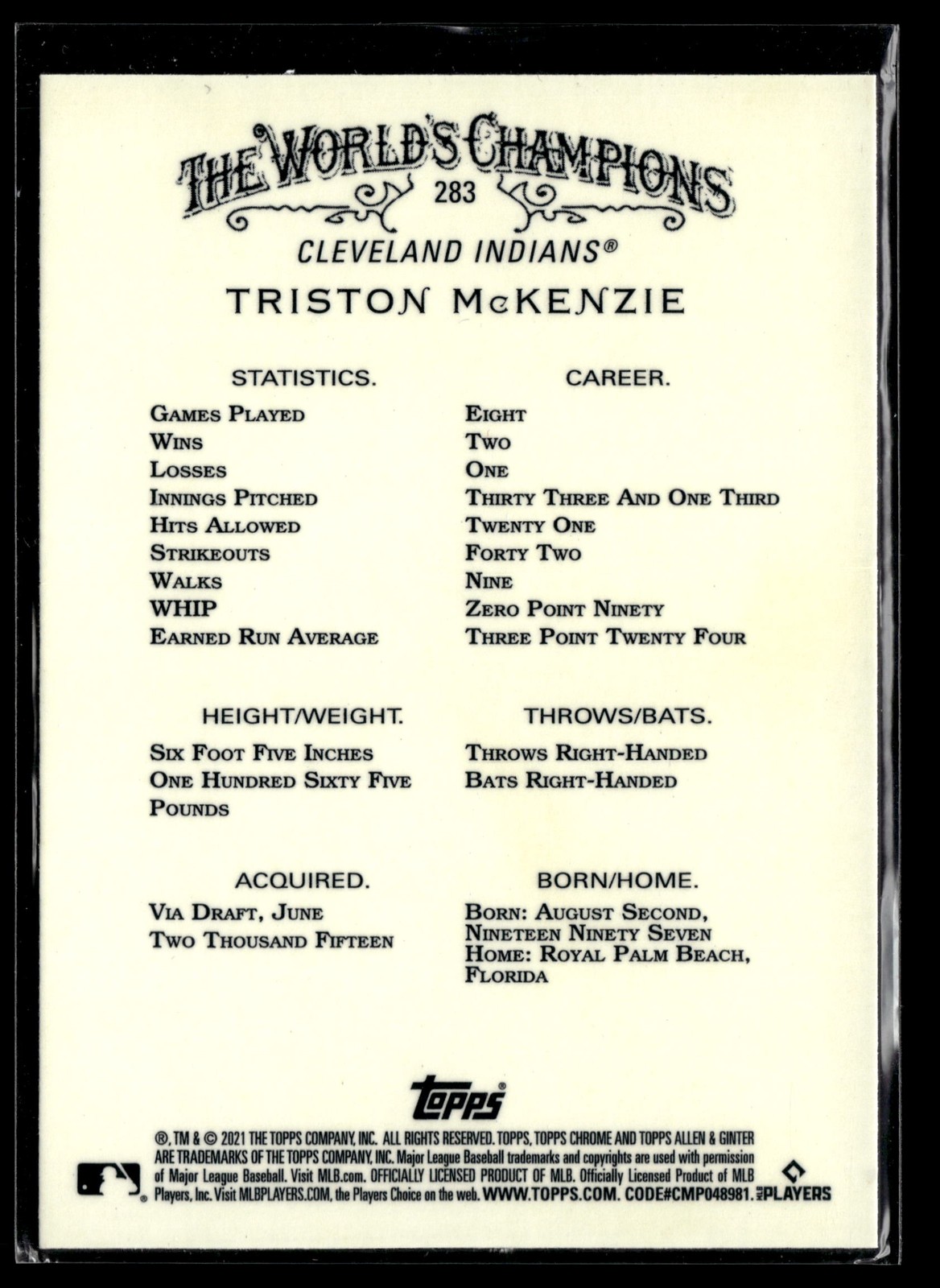 Triston McKenzie RC - 2021 Topps Allen & Ginter Chrome Refractor #283 Cleveland