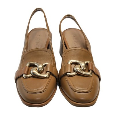 Aerosoles Allure Tan Leather Slingback Loafer Heels Gold Chain Ornament Size 6.5