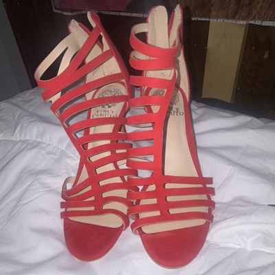 Vince Camuto Red Strappy Stiletto Heels Open Toe Suede Leather Insole Buckle