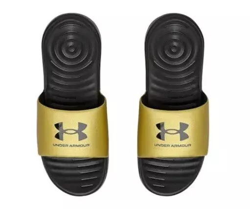 Under Armour UA Ansa diapositivas fijas para mujer talla 8 logotipo dorado negro de EE. UU. ENV O GRATUITO