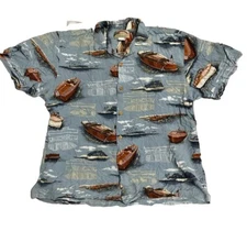Paradise Found Hawaiian Shirt XLarge Blue Classic Boats Island Beach Tiki Rayon