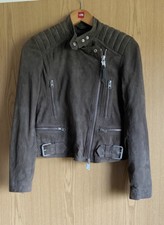 All Saints Womens Kerr Suede Soft Lamb Lether Biker Jacket In Mushroom Uk10