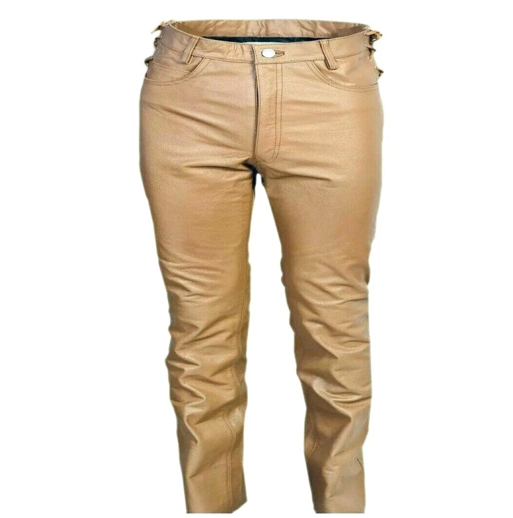 Men's Waist Side Short Laces SOFT GENUINE COW LEATHER Beige Jean Pant