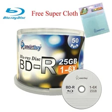 50 Smartbuy Logo BD-R BDR 6X 25GB Blu-ray Blank Disc + FREE Micro Fiber Cloth