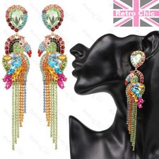 BIG BLING CRYSTAL 5"long TUCAN EARRINGS bird PARROT toucan GOLD TONE rhinestone