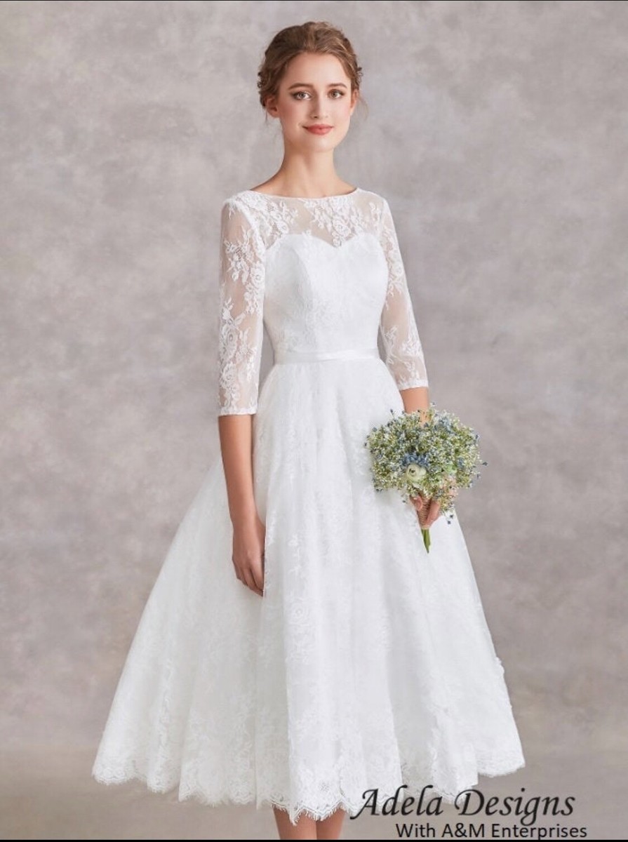 3 4 sleeve lace wedding dress tea length Bateau 3/4 Sleeve Lace Tulle Ball Gown Tea Length Wedding Dress