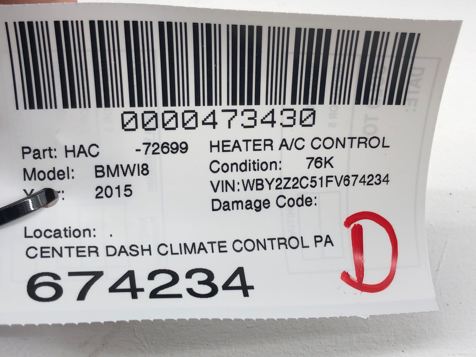 2014-2017 BMW I8 CENTER DASH CLIMATE CONTROL PANEL 64119361799 OEM