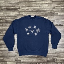 Vintage 90s Snowflake Embroidered Crewneck Sweatshirt Blue Medium USA Made VTG