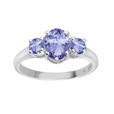 925 Sterling Silver Oval Natural Tanzanite Gemstone Three Stone Women ...