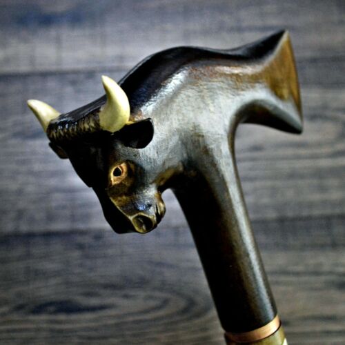 Bâton de marche canne à pied en bois canne à pied faite main taureau sculpté Royaume-Uni - Photo 1/11