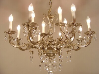 ANTIQUE FRENCH 12 LIGHT CRYSTAL CHANDELIER NICKEL BRASS BAROQUE Ø 33''
