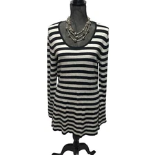 Tribal Sweater Womens Size Large Black Gray Stripe Long Sleeve Angora Blend NEW