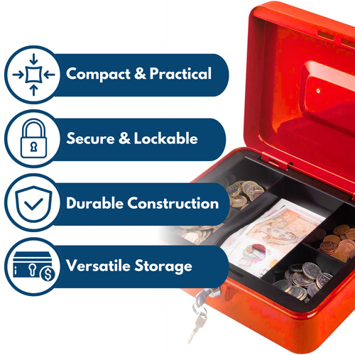 Money Box Tin 8" Steel Metal Cash Safe Security Petty Tin With Lock 2 Keys Red - Picture 13 of 24