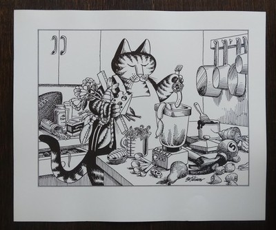 B Kliban Cats Chef Cat In Kitchen With Blender Vintage Funny Cat Art Print B&W!